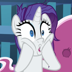 Size: 1078x1078 | Tagged: safe, screencap, rarity, pony, unicorn, dragon dropped, g4, crazy eyes, cropped, fainting couch, female, gasp, hooves on cheeks, library, mare, messy mane, oh no, shrunken pupils, solo, squishy cheeks, twilight's castle, twilight's castle library, worried