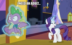 Size: 960x608 | Tagged: safe, edit, edited screencap, screencap, rarity, spike, dragon, pony, unicorn, dragon dropped, g4, season 9, age difference, caption, female, i need an adult, image macro, implied shipping, implied sparity, implied straight, magic, male, mare, ship:sparity, shipping, straight, telekinesis, text, winged spike, wings