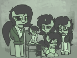 Size: 904x683 | Tagged: safe, artist:plunger, oc, oc only, oc:anon-mare, oc:filly anon, earth pony, pegasus, pony, unicorn, baby, baby pony, boop, chair, clothes, ear piercing, earring, family, family photo, female, filly, foal, for you, jewelry, looking at you, lying down, mare, mother and child, mother and daughter, multeity, necklace, older, piercing, prone, self-boop, shirt, simple background, sitting, smiling