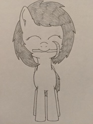 Size: 3024x4032 | Tagged: safe, artist:craftycirclepony, oc, oc only, oc:filly anon, earth pony, pony, eyes closed, female, filly, mouth hold, pickaxe, sketch, smiling, solo, traditional art