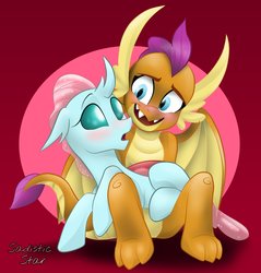 Size: 2100x2200 | Tagged: safe, artist:sadistic star, ocellus, smolder, changedling, changeling, dragon, g4, blushing, changeling x dragon, cute, diaocelles, duo, duo female, female, high res, interspecies, lesbian, looking at each other, ship:smolcellus, shipping, signature, sitting, smolderbetes