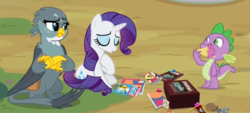 Size: 1214x551 | Tagged: safe, screencap, gabby, rarity, spike, dragon, griffon, dragon dropped, g4, crossed arms, food, ice cream, winged spike, wings