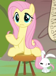 Size: 770x1051 | Tagged: safe, screencap, angel bunny, fluttershy, pegasus, pony, rabbit, g4, she talks to angel, animal, checklist, cropped, crossed arms, duo, female, male, mare, sitting, stool