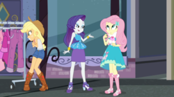 Size: 985x551 | Tagged: safe, screencap, applejack, fluttershy, rarity, equestria girls, g4, my little pony equestria girls: better together, street chic, bare shoulders, clothes, clothes rack, cold, eyeshadow, female, freezing, lidded eyes, makeup, pencil skirt, photo, rarity peplum dress, scarf, shivering, skirt, sleeveless, trio, window