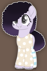 Size: 1077x1635 | Tagged: safe, artist:bluedinoadopts, oc, oc only, oc:berry mix, earth pony, pony, afro, blank flank, brown background, clothes, female, grin, mare, shirt, simple background, smiling, socks, solo, striped socks