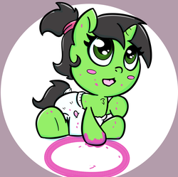 Size: 1028x1024 | Tagged: safe, artist:lazynore, oc, oc only, oc:filly anon, pony, unicorn, babby, baby, baby pony, blush sticker, blushing, chest fluff, circle, cute, diaper, female, filly, hnnng, ocbetes, paint, ponytail, solo