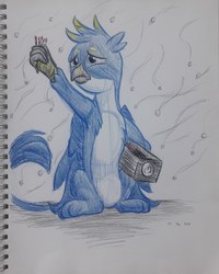 Size: 2448x3060 | Tagged: safe, artist:rockhoppr3, gallus, griffon, g4, armpits, high res, male, paws, sad, snow, solo, the little match girl, traditional art