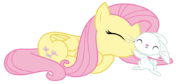 Size: 3147x1500 | Tagged: safe, artist:sketchmcreations, angel bunny, fluttershy, pegasus, pony, rabbit, g4, she talks to angel, animal, cute, duo, eyes closed, female, hug, male, mare, prone, shyabetes, simple background, smiling, transparent background, vector