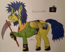 Size: 1654x1336 | Tagged: safe, artist:rapidsnap, oc, oc:rapidsnap, oc:rapidsnel, alicorn, gem (race), gem pony, pony, cracked, facial markings, gem, gemsona, male, scythe, solo, spinel, spinel (steven universe), spoilers for another series, stallion, steven universe, steven universe: the movie, traditional art, weapon