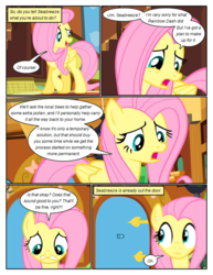 Size: 612x792 | Tagged: safe, artist:newbiespud, edit, edited screencap, screencap, fluttershy, pegasus, pony, comic:friendship is dragons, g4, book, bookshelf, comic, concerned, dialogue, door, female, fluttershy's cottage (interior), frown, looking down, mare, screencap comic, worried