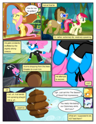 Size: 612x792 | Tagged: safe, artist:newbiespud, edit, edited screencap, screencap, applejack, doctor whooves, fluttershy, rainbow dash, rarity, roseluck, seabreeze, time turner, bee, breezie, earth pony, pegasus, pony, unicorn, comic:friendship is dragons, g4, 3d glasses, acorn, background pony, beehive, clothes, comic, dialogue, female, flying, freckles, hat, looking up, male, mare, peephole, screencap comic, speech bubble, stallion
