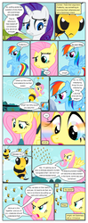 Size: 612x1552 | Tagged: safe, artist:newbiespud, edit, edited screencap, screencap, fluttershy, rainbow dash, rarity, bee, pegasus, pony, unicorn, comic:friendship is dragons, g4, ..., angry, animal costume, annoyed, bee costume, clothes, comic, costume, dialogue, eyes closed, facehoof, female, flying, glowing eyes, grin, mare, screencap comic, smiling, smirk, speech bubble
