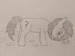 Size: 4032x3024 | Tagged: safe, artist:craftycirclepony, oc, oc only, oc:filly anon, earth pony, pony, dirt, eye shimmer, female, filly, gem, happy, hoofprints, looking down, question mark, sketch, smiling, solo, sparkles, traditional art