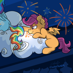 Size: 2000x2000 | Tagged: safe, artist:midnightpremiere, rainbow dash, scootaloo, pegasus, pony, g4, 4th of july, butt, cloud, dock, duo, female, filly, fireworks, high res, holiday, hoof hold, mare, offscreen character, on a cloud, plot, prank, sitting, sitting on a cloud, smiling, smirk, solo focus, sparkler (firework), this will end in a time-out, this will end in pain, this will end in tears and/or death and/or covered in tree sap