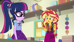 Size: 1280x720 | Tagged: safe, screencap, sci-twi, sunset shimmer, twilight sparkle, equestria girls, equestria girls series, g4, holidays unwrapped, spoiler:eqg series (season 2), cellphone, clothes, geode of empathy, geode of telekinesis, glasses, magical geodes, pencil, phone, plusplus, ponytail, skirt, smartphone