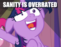 Size: 764x592 | Tagged: safe, edit, edited screencap, screencap, twilight sparkle, alicorn, pony, a trivial pursuit, g4, caption, cropped, floppy ears, image macro, insanity, messy mane, offscreen character, solo focus, text, twilight snapple, twilight sparkle (alicorn), twilynanas