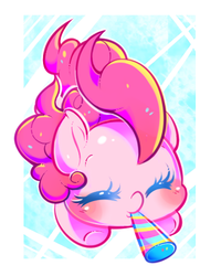 Size: 410x512 | Tagged: safe, artist:tamabel, pinkie pie, pony, g4, abstract background, blushing, chibi, cute, diapinkes, eyes closed, female, party horn, solo