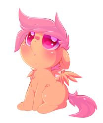 Size: 769x920 | Tagged: safe, artist:tamabel, scootaloo, pegasus, pony, g4, chest fluff, colored pupils, cute, cutealoo, female, filly, floppy ears, looking up, simple background, solo, white background