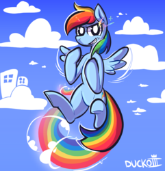 Size: 879x913 | Tagged: safe, artist:duckoiii, rainbow dash, pegasus, pony, g4, cloud, female, flying, grin, mare, rainbow trail, sky, smiling, solo, sonic rainboom, white pupils