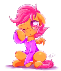Size: 432x504 | Tagged: safe, artist:tamabel, scootaloo, pegasus, pony, g4, chest fluff, clothes, colored pupils, cute, cutealoo, female, filly, floppy ears, heart eyes, leg fluff, morning ponies, one eye closed, rubbing eyes, simple background, solo, white background, wingding eyes