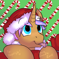 Size: 1000x1000 | Tagged: safe, artist:dark candle, oc, oc only, oc:film grain, pony, unicorn, :p, candy, candy cane, christmas, food, hat, holiday, male, santa hat, solo, stallion, sugar cane, tongue out