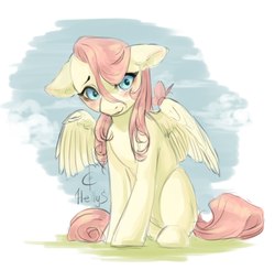 Size: 1206x1182 | Tagged: safe, artist:svelen, fluttershy, butterfly, pegasus, pony, g4, blushing, cute, female, floppy ears, looking at you, mare, shyabetes, sitting, smiling, solo, spread wings, stray strand, three quarter view, wings
