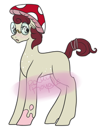 Size: 976x1244 | Tagged: safe, artist:pockypocky, oc, oc only, earth pony, pony, adoptable, advertisement, cheap, cute, female, freckles, glasses, hat, mare, mushroom, mushroom hat, open, palamino, simple, solo, spectacles, spots, themed, toadstool