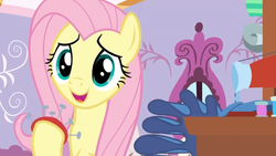 Size: 1600x900 | Tagged: safe, screencap, fluttershy, pony, dragon dropped, g4, cute, fabric, female, mare, pincushion, pins, sewing machine, shyabetes, solo, spool, window