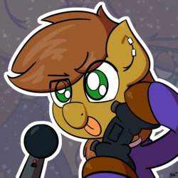 Size: 2050x2050 | Tagged: safe, artist:ashtoneer, oc, oc only, oc:twitchyylive, earth pony, pony, birthday gift, bust, controller, eye clipping through hair, high res, hoof hold, male, microphone, piercing, solo, stallion, tongue out, video game, zoom layer