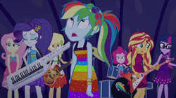 Size: 300x168 | Tagged: safe, screencap, applejack, fluttershy, pinkie pie, rainbow dash, rarity, sci-twi, sunset shimmer, twilight sparkle, equestria girls, equestria girls specials, g4, my little pony equestria girls: better together, my little pony equestria girls: spring breakdown, clothes, dress, eyes closed, eyeshadow, female, headband, humane five, humane seven, humane six, lidded eyes, makeup, photo, picture for breezies