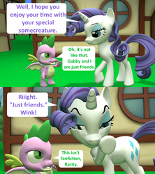 Size: 1920x2160 | Tagged: safe, artist:red4567, rarity, spike, dragon, pony, unicorn, dragon dropped, g4, 3d, comic, i want my beloved to be happy, implied gabby, implied spabby, irony, just friends, leaning on the fourth wall, rarity the shipper, shipper on deck, source filmmaker, spike is not amused, unamused