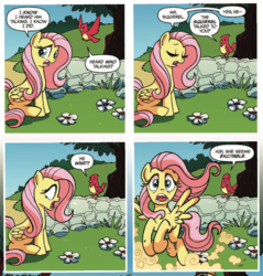 Size: 1096x1148 | Tagged: safe, artist:tonyfleecs, idw, official comic, fluttershy, bird, pegasus, pony, friends forever, g4, spoiler:comic, spoiler:comicff5, comic, duo, female, mare, scared, speech bubble