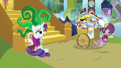 Size: 1600x900 | Tagged: safe, screencap, mane-iac, rarity, spike, dragon, pony, unicorn, dragon dropped, g4, book, cart, clothes, comic book, cosplay, costume, flying, humdrum costume, power ponies, scroll, stairs, tired, twilight's castle, waterfall, winged spike, wings
