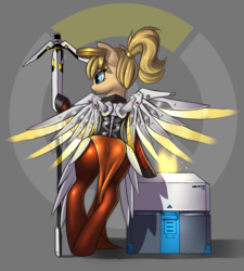 Size: 1500x1669 | Tagged: safe, artist:lightly-san, artist:lunebat, cyborg, earth pony, pony, artificial wings, augmented, bipedal, bipedal leaning, butt, clothes, leaning, loot box, mechanical wing, mercy, overwatch, plot, ponified, weapon, wings
