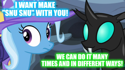 Size: 1280x720 | Tagged: safe, edit, edited screencap, screencap, thorax, trixie, changeling, pony, unicorn, g4, to where and back again, caption, dialogue, female, image macro, implied sex, male, mare, meme, shipping, smiling, snu-snu, straight, text, thoraxie