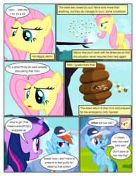 Size: 612x792 | Tagged: safe, artist:newbiespud, edit, edited screencap, screencap, fluttershy, rainbow dash, seabreeze, twilight sparkle, bee, breezie, pegasus, pony, unicorn, comic:friendship is dragons, g4, angry, baseball cap, beehive, cap, comic, dialogue, female, flying, frown, grin, hat, looking up, male, mare, screencap comic, smiling, speech bubble, unicorn twilight, whistle