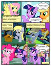 Size: 612x792 | Tagged: safe, artist:newbiespud, edit, edited screencap, screencap, applejack, carrot top, derpy hooves, fluttershy, golden harvest, pinkie pie, rarity, twilight sparkle, earth pony, pegasus, pony, unicorn, comic:friendship is dragons, g4, basket, cauldron, comic, devil horns, dialogue, female, food, freckles, frown, grin, hat, looking down, looking up, mare, mouth hold, muffin, open mouth, paper bag, raised hoof, screencap comic, smiling, thinking, unamused, unicorn twilight, waving, worried