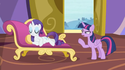 Size: 1600x898 | Tagged: safe, edit, edited screencap, screencap, rarity, twilight sparkle, alicorn, pony, unicorn, dragon dropped, g4, couch, disappointed, displeased, duo, eyeshadow, fainting couch, female, folded wings, lounging, makeup, mare, open door, pointing, raised eyebrow, suspicious, twilight sparkle (alicorn), wings