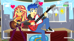 Size: 1920x1080 | Tagged: safe, artist:3d4d, edit, edited screencap, screencap, flash sentry, sunset shimmer, best trends forever, equestria girls, g4, let it rain, my little pony equestria girls: better together, converse, female, guitar, male, musical instrument, ship:flashimmer, shipping, shoes, straight