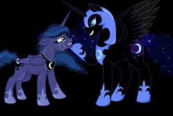 Size: 1024x687 | Tagged: safe, artist:shadow-at-nightfall, nightmare moon, princess luna, alicorn, pony, g4, black background, crying, cutie mark, duo, duo female, evil smile, female, grin, hoof on chin, inner struggle, simple background, smiling, speedpaint available