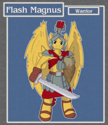Size: 1688x1950 | Tagged: safe, artist:brownie-bytes, flash magnus, anthro, unguligrade anthro, g4, armor, clothes, crossover, fantasy class, final fantasy, shield, solo, sword, warrior, weapon