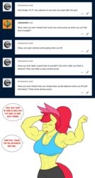 Size: 1280x2384 | Tagged: safe, artist:matchstickman, apple bloom, earth pony, anthro, matchstickman's apple brawn series, tumblr:where the apple blossoms, g4, abs, apple bloom's bow, apple brawn, armpits, biceps, bow, breasts, busty apple bloom, clothes, comic, deltoids, dialogue, female, flexing, hair bow, mare, muscles, older, older apple bloom, pecs, simple background, solo, sports bra, sports shorts, sweat, sweatdrop, talking to viewer, triceps, tumblr comic, white background