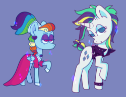 Size: 1698x1317 | Tagged: safe, artist:halfrobin, rainbow dash, rarity, pony, g4, it isn't the mane thing about you, sparkle's seven, alternate hairstyle, blue background, duo, lidded eyes, megaradash, punk, raised hoof, raripunk, simple background