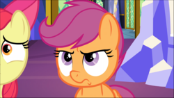 Size: 1557x877 | Tagged: dead source, safe, screencap, apple bloom, scootaloo, earth pony, pegasus, pony, g4, growing up is hard to do, bow, cropped, faic, female, filly, hair bow, pouting, solo focus