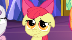Size: 1557x877 | Tagged: dead source, safe, screencap, apple bloom, scootaloo, sweetie belle, earth pony, pegasus, pony, unicorn, g4, growing up is hard to do, bow, cropped, cutie mark crusaders, faic, female, filly, floppy ears, hair bow, offscreen character, pouting, sad face, solo focus, wide eyes