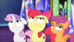 Size: 1558x878 | Tagged: dead source, safe, screencap, apple bloom, scootaloo, sweetie belle, earth pony, pegasus, pony, unicorn, g4, growing up is hard to do, annoyed, cropped, cutie mark crusaders, faic, female, filly, floppy ears, frown, spread wings, wings