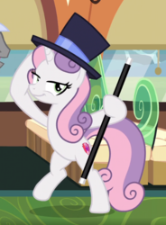 Size: 498x675 | Tagged: safe, screencap, sweetie belle, pony, unicorn, g4, growing up is hard to do, being big is all it takes, bipedal, cane, cropped, cutie mark, dancing, female, hat, holding, mare, older, older sweetie belle, raised leg, smiling, smirk, solo, the cmc's cutie marks, top hat