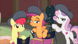 Size: 1651x929 | Tagged: safe, screencap, apple bloom, scootaloo, sweetie belle, earth pony, pegasus, pony, unicorn, g4, growing up is hard to do, being big is all it takes, chair, cropped, cutie mark, cutie mark crusaders, director's chair, female, film projector, hat, lidded eyes, looking at you, looking back, looking back at you, mare, older, older apple bloom, older cmc, older scootaloo, older sweetie belle, sitting, smiling, smirk, the cmc's cutie marks, trio