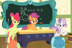 Size: 876x584 | Tagged: safe, screencap, apple bloom, scootaloo, shuffle step, sweetie belle, teal shores, earth pony, pegasus, pony, unicorn, growing up is hard to do, bipedal, bipedal leaning, bow, chalkboard, cropped, cutie mark, cutie mark crusaders, desk, female, hair bow, leaning, lidded eyes, mare, older, older apple bloom, older cmc, older scootaloo, older sweetie belle, ponyville schoolhouse, raised eyebrow, raised hoof, smiling, smirk, the cmc's cutie marks, trio focus, underhoof