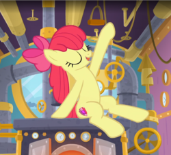Size: 670x606 | Tagged: safe, screencap, apple bloom, earth pony, pony, g4, growing up is hard to do, bow, cropped, cutie mark, eyes closed, female, hair bow, mare, older, older apple bloom, open mouth, pose, sitting, solo, steam engine, the cmc's cutie marks